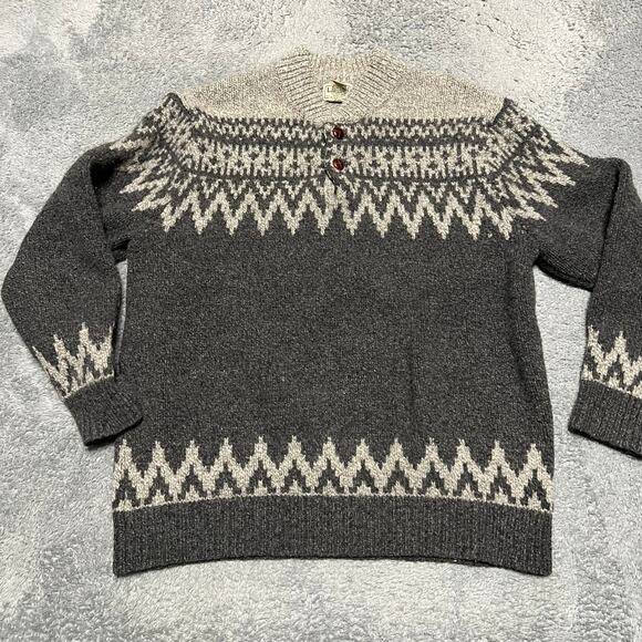 LL Bean Sweater Mens XL Gray Nordic Fair Isle Ragg Henley Sweater Lambswool - Picture 1 of 6